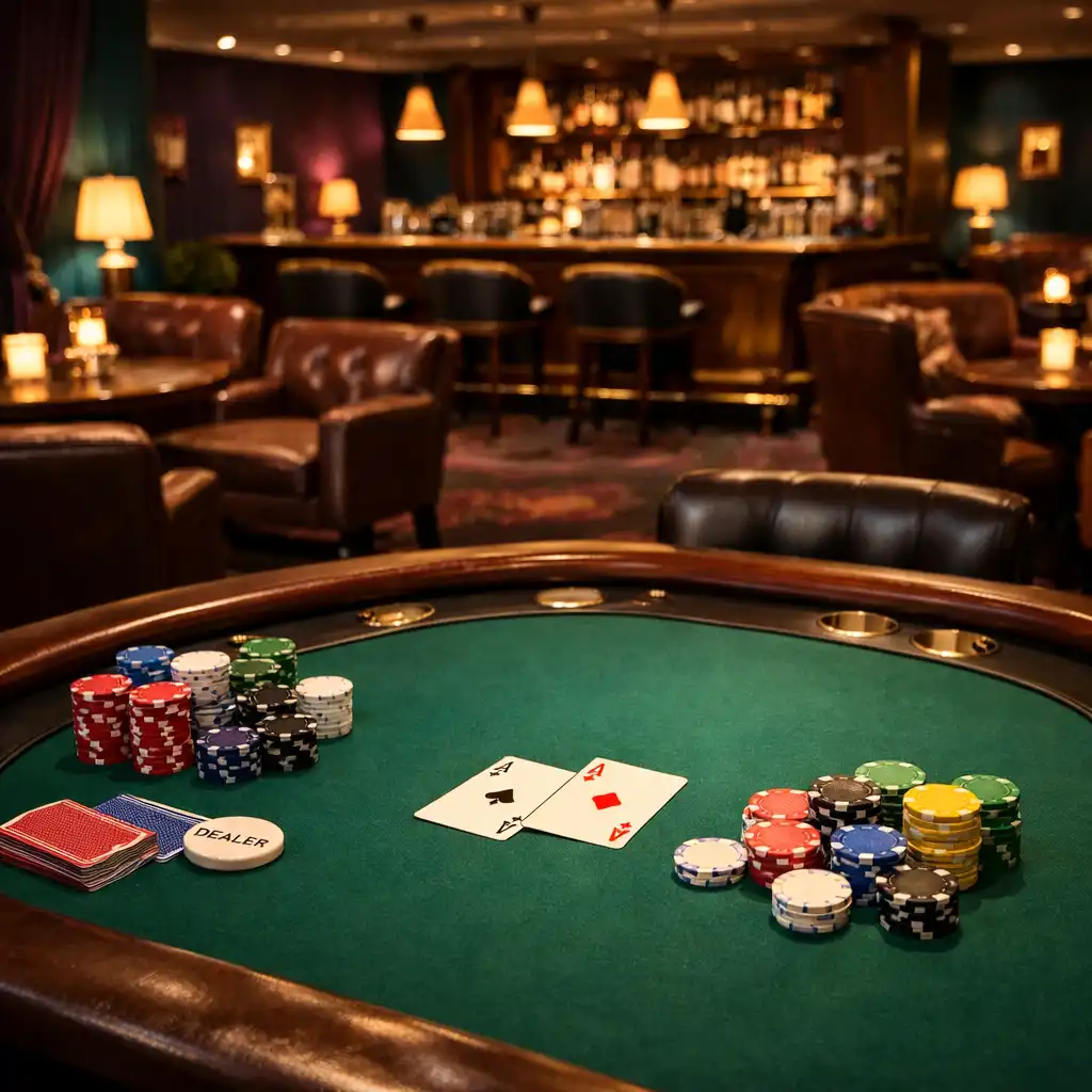 Stół pokerowy z żetonami na tle kameralnego baru