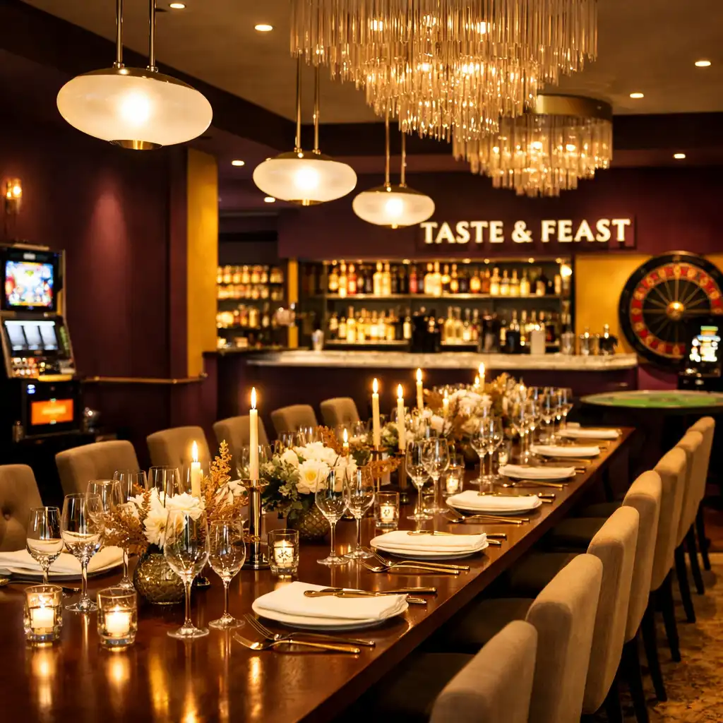 Eleganckie wnętrze restauracji z długim stołem, nowoczesnymi lampami i akcentami szafranu