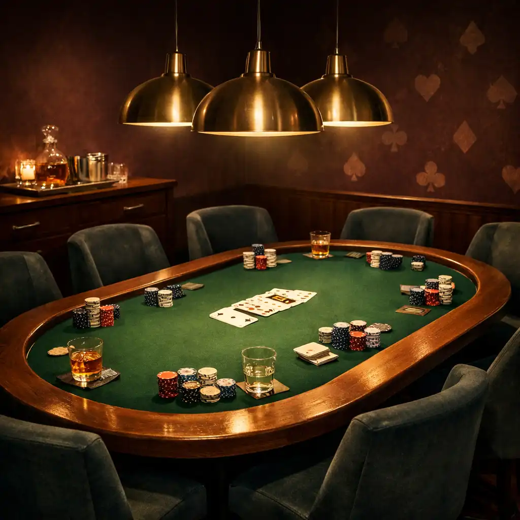 Wnętrze kameralnej sali pokerowej z długim stołem, zielonym suknem i wiszącymi lampami