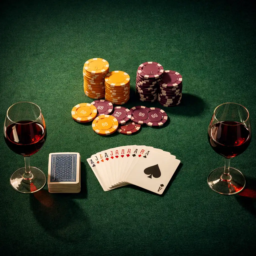 Pokerowy stół widziany z góry z żetonami, kartami i kieliszkami wina