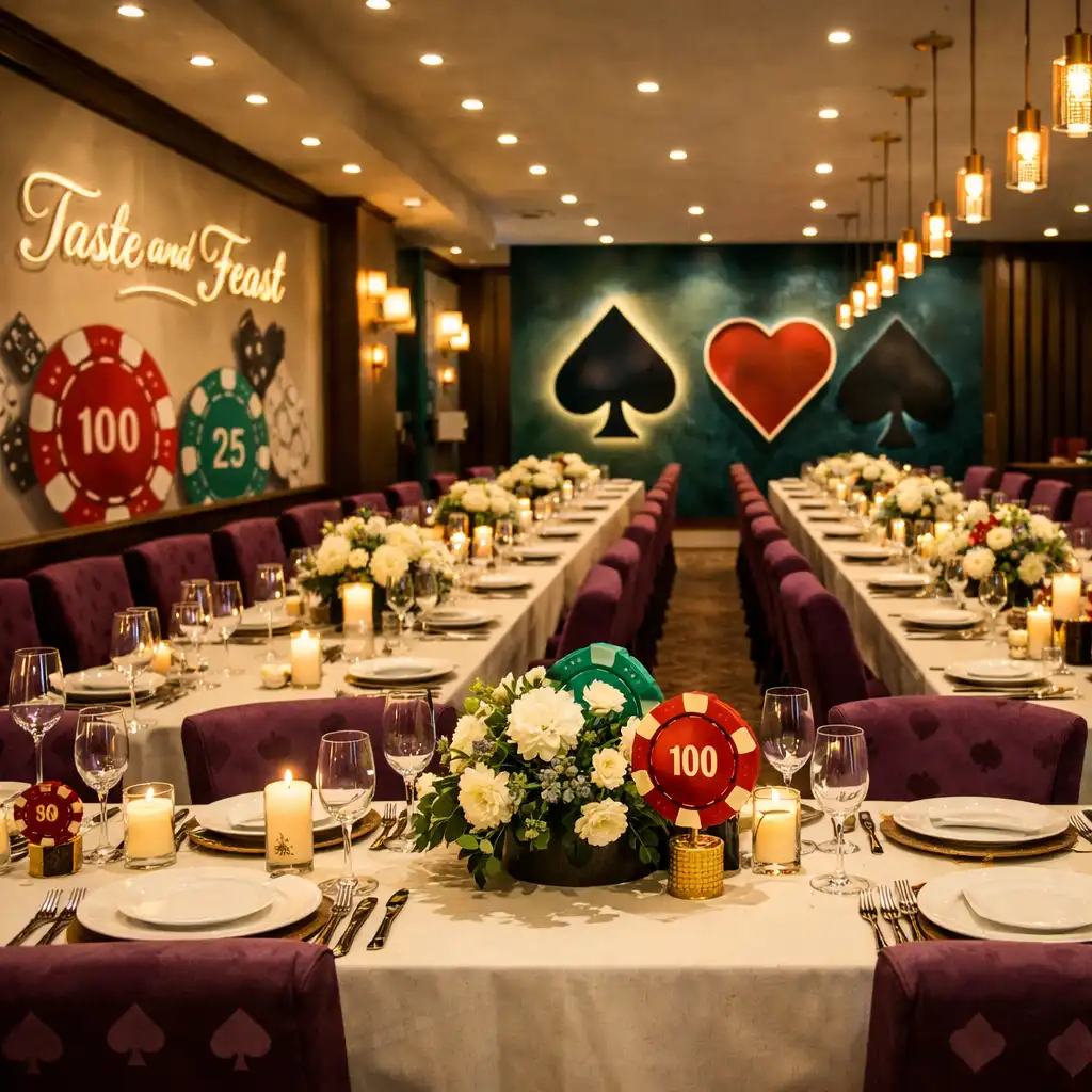 Wnętrze restauracji Taste and Feast z długimi stołami i dekoracjami w kolorze śliwki