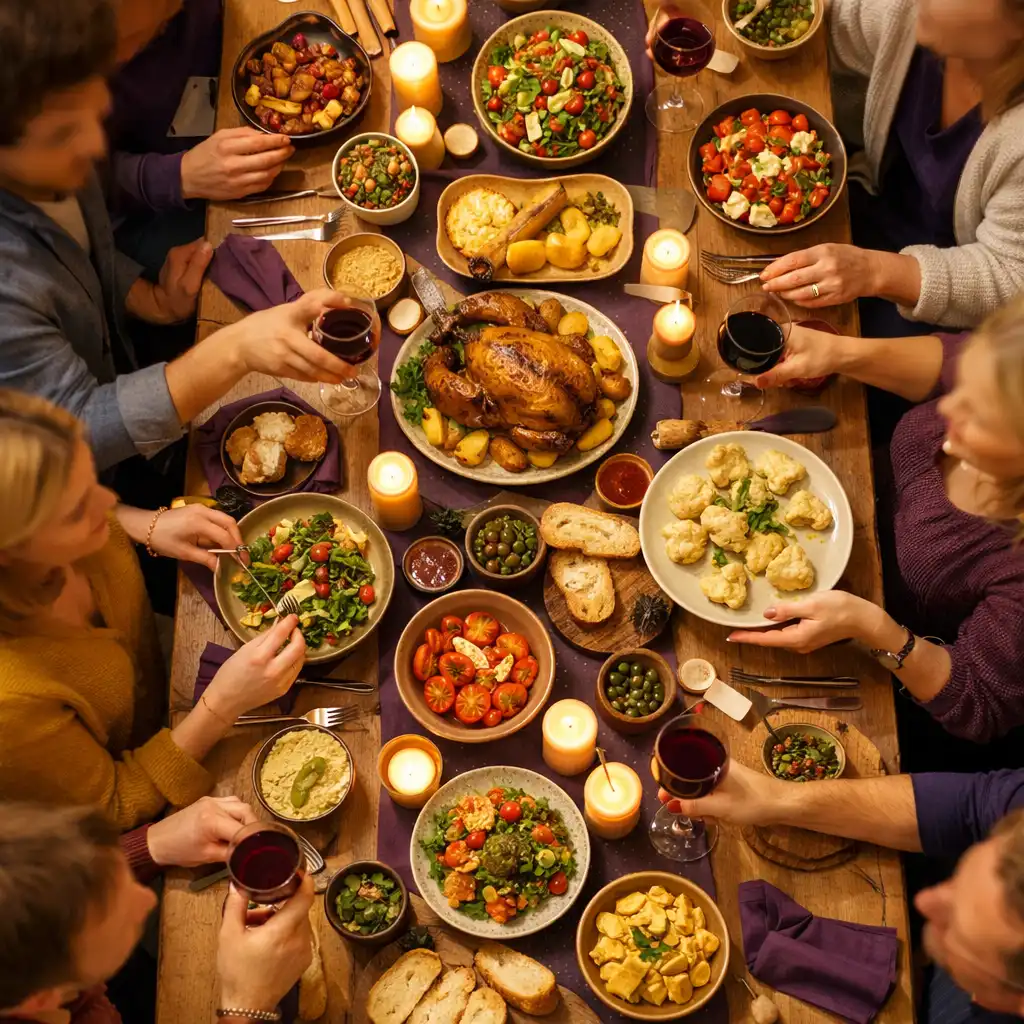 Goście dzielący się jedzeniem przy długim stole w ciepłej atmosferze restauracji