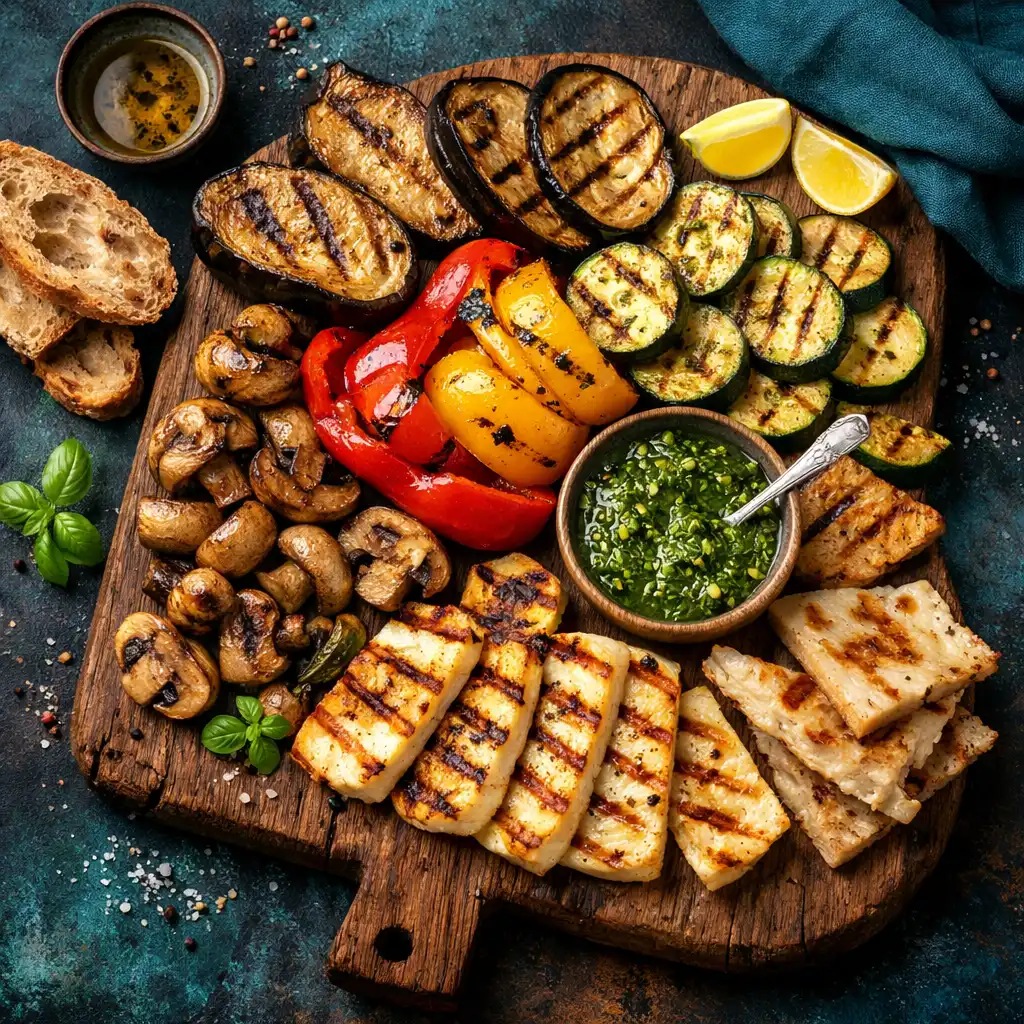 Wegetariańska uczta z grilla z bakłażanami, cukinią, papryką, pieczarkami i halloumi